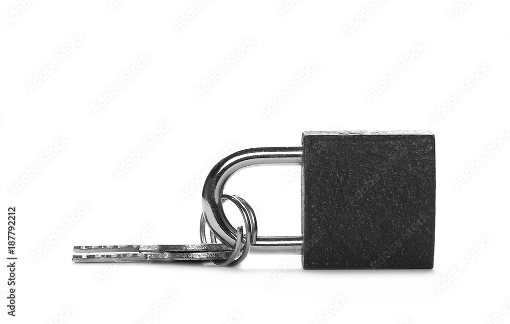 Padlock with two keys, isolated on white background Padlock with two keys, isolated on white background