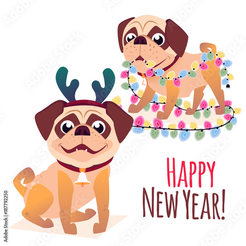 Merry christmass postcard. Happy New Year banner with dog. Cartoon dog with a gift. Vector Puppy character. Design for calendars or postcards or posters or banners or brochures.