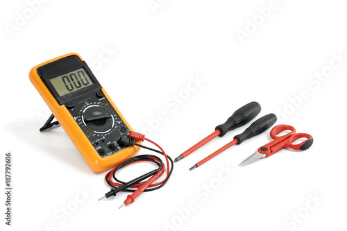 Slika na platnu Close-up of work equipment on electrical installations, on a white background