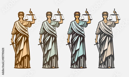 Lawsuit, judge symbol. Lady justice, judgment, defence, justitia concept. Vintage vector illustration