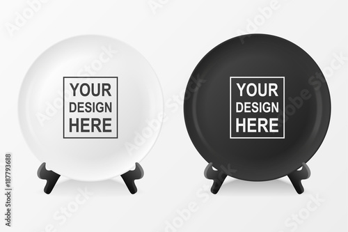 Realistic vector white and black food dish plate icon set on a stand closeup isolated on white background. Design template, mock up for graphics, printing etc