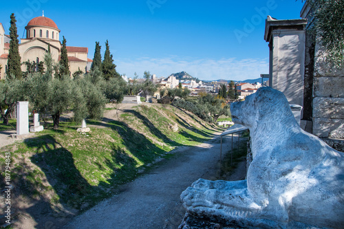 Lion of sacred gate Kerameikos. The cemetery of ancient Athens in Greece photo