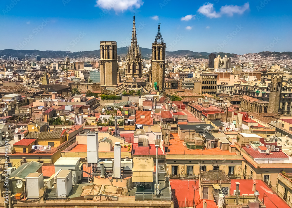 Central Barcelona skyline, view from the bell tower of Church of Sants Just i Pastor in the Gothic Quarter.
