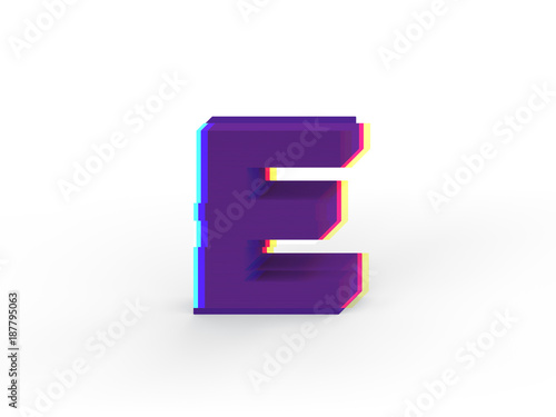 3D realistic glitch uppercase letter E with soft shadow isolated on white background - Path selection on file.