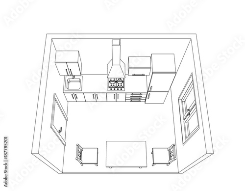 Interior kitchen room on white background. Vector outline illustration.