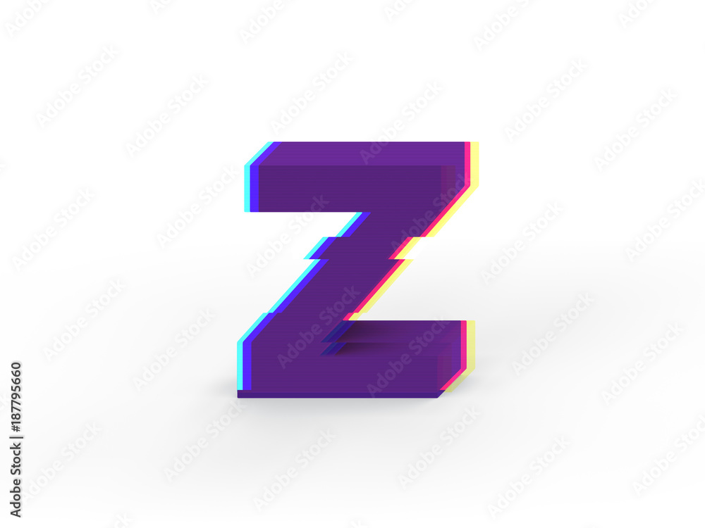 3D realistic glitch uppercase letter Z with soft shadow isolated on white background - Path selection on file. 3D realistic glitch uppercase letter Z with soft shadow isolated on white background - Path selection on file.