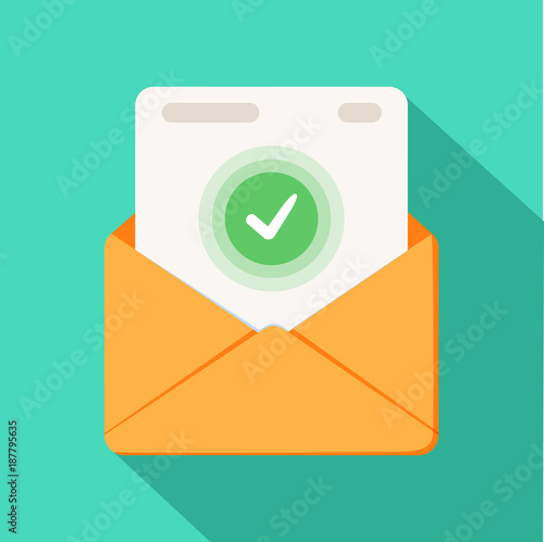 Envelope with document and round green check mark icon. Successful e-mail delivery, email delivery confirmation