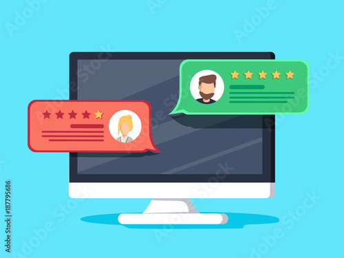 Computer with customer review rating messages vector illustration, flat cartoon design of desktop pc display and reviews