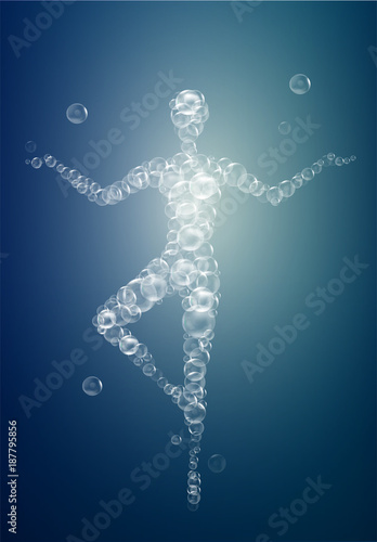 weightless feeling, light feeling with yoga, woman silhouette in tree position build with bubbles,