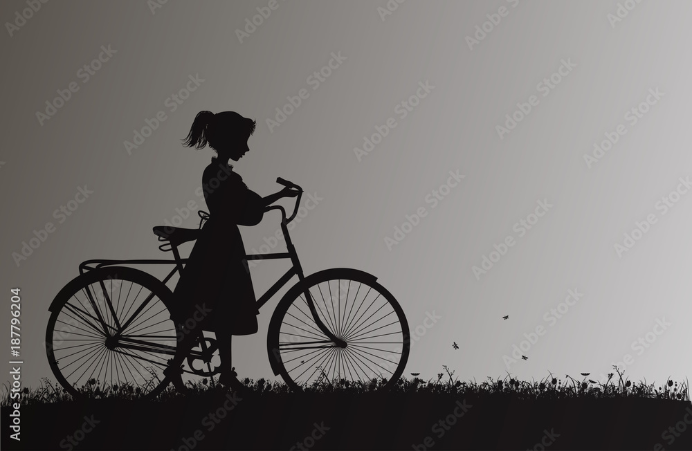 Obraz premium girl with bike on the field with grass and flower, childhood memories,