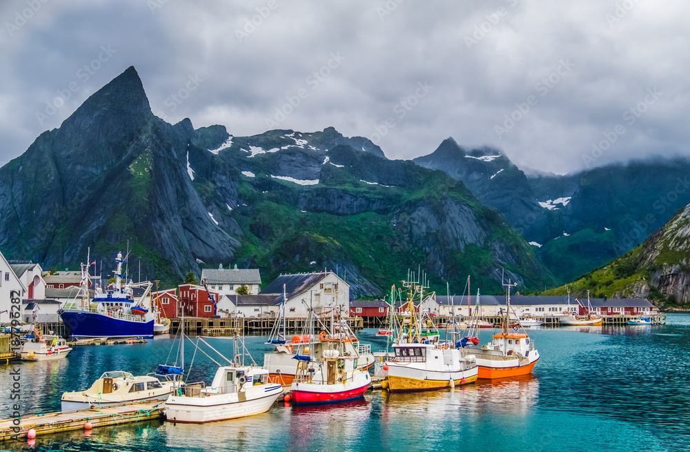 The fishing village of Hamnoy, Reinefjord, Lofoten Islands, Nordland, Norway. 