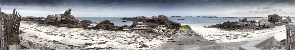 Giant granite stones coastline in Brittany, France, panorama made from 6 images