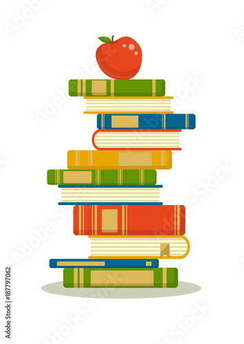 Stack of books with red apple on white background. Books pile. Education, studying, reading vector illustration.