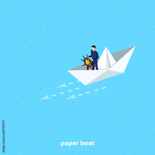 a man in a business suit sails in a paper boat with a steering wheel in his hands, an isometric image