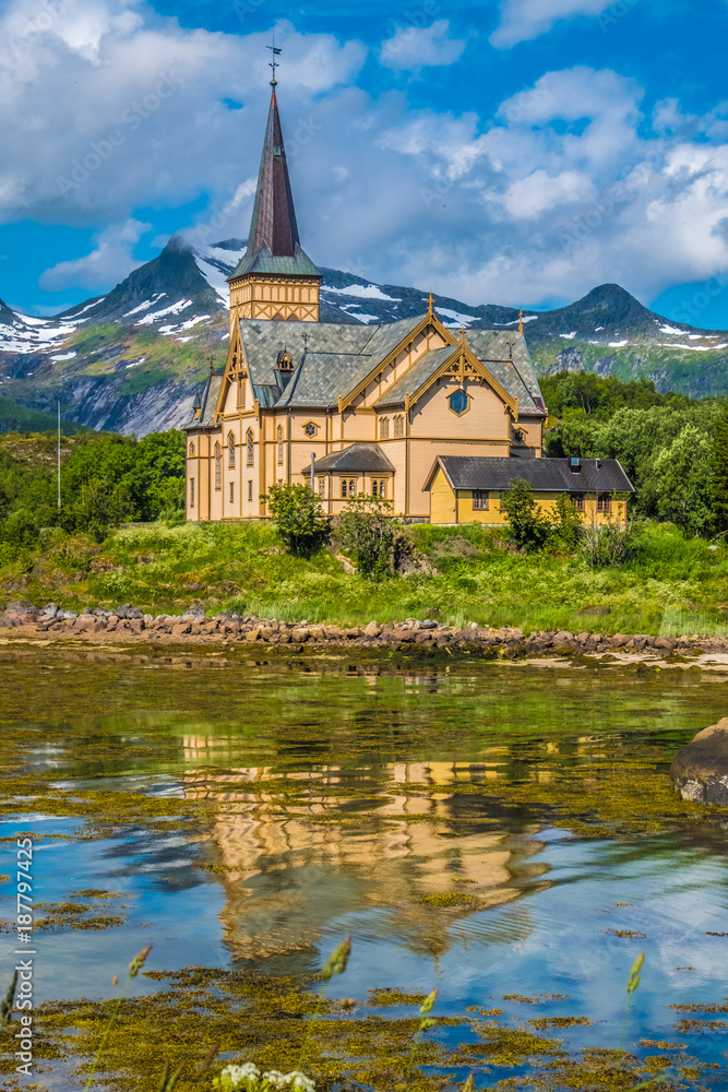 Lofoten Cathedral (Vaagan Church), Kabelvaag, Lofoten Islands, Nordland, Norway. Located north of the Arctic Circle. Natural beauty, distinctive scenery, dramatic mountains and peaks, fjords and pictu