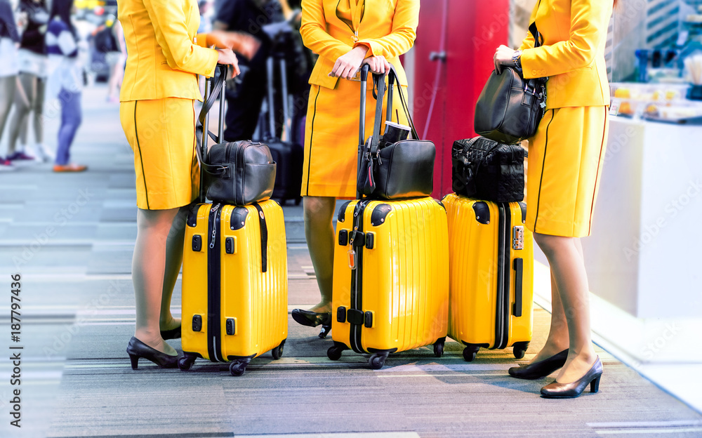 Row of stewardess with luggage trolley at departure gate Flight attendants standing by international airport Airline hostesses holding bags and personal baggage Travel concept Stock Photo Adobe Stock