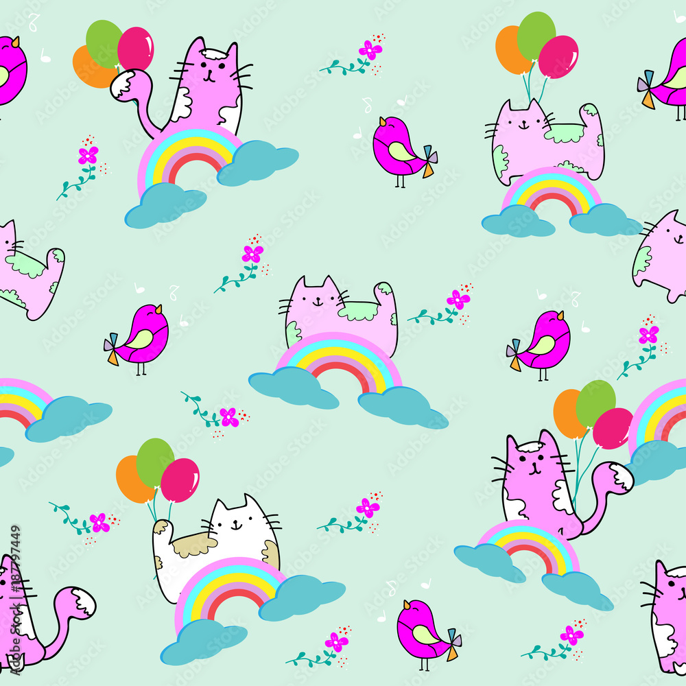 Cute Cat seamless pattern with Little Bird on colorful background Vector illustration.Doodle Cartoon style