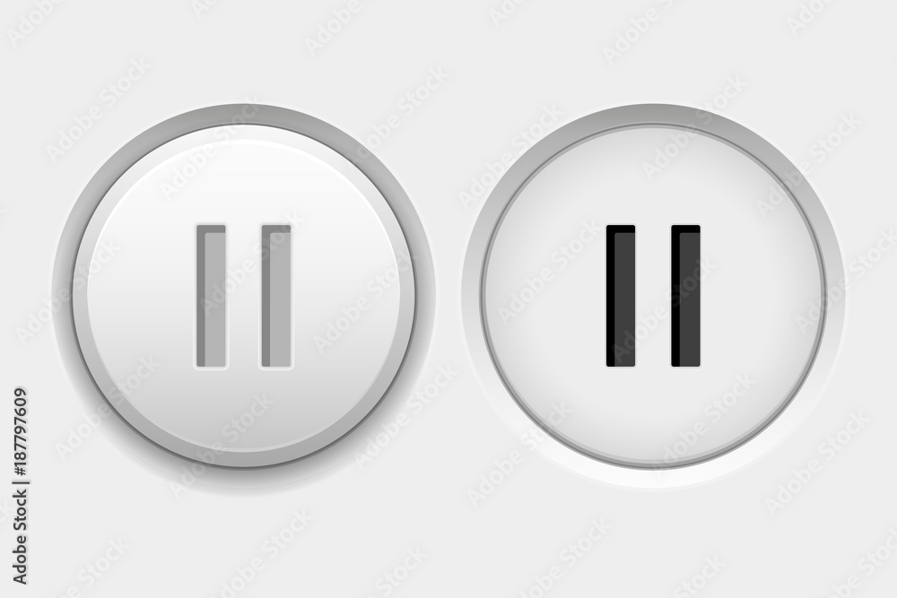 PAUSE round white interface buttons. Normal and pushed PAUSE round white interface buttons. Normal and pushed