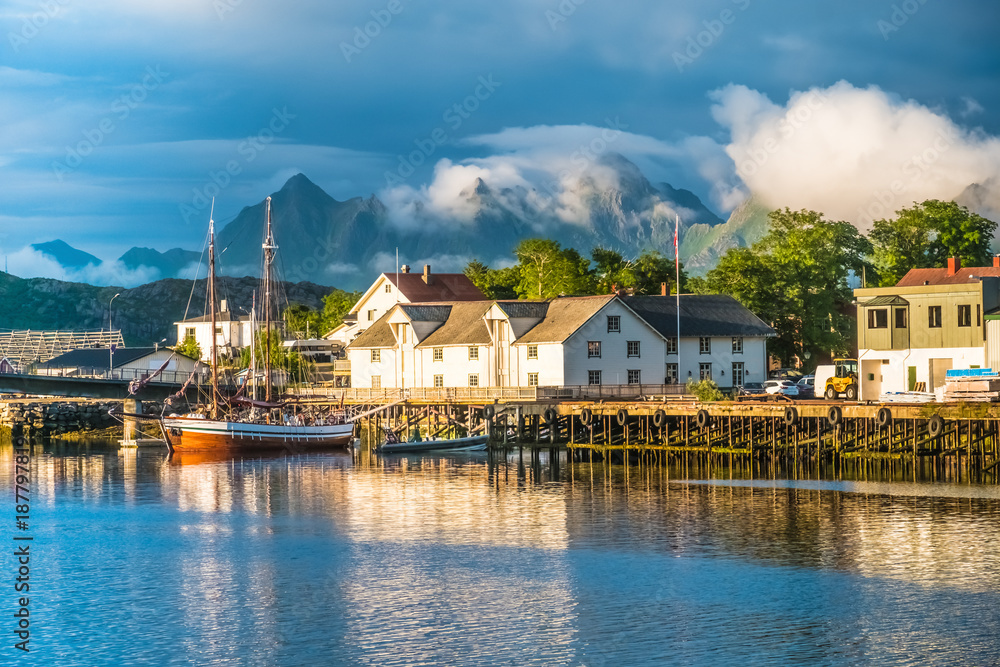 Fototapeta premium Old town of Svolvaer, Lofoten Islands, Nordland, Norway. Located north of the Arctic Circle. Natural beauty, distinctive scenery, dramatic mountains and peaks, fjords and picturesque villages.