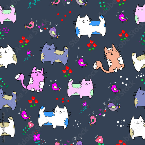 Cute Cat seamless pattern with Little Bird on colorful background Vector illustration.Doodle Cartoon style