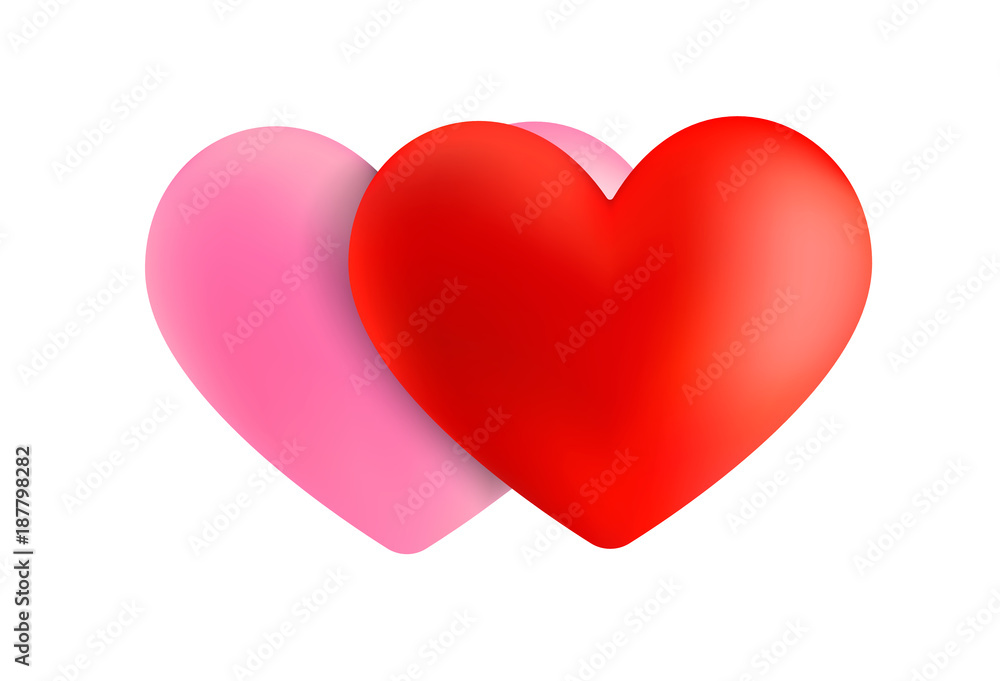 Vector 3D heart isolated on white. Valentine's day red heart and pink heart. Beautiful heart illustration