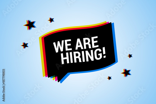 We are hiring banner with chromatic cmyk color distortion, blur effect.