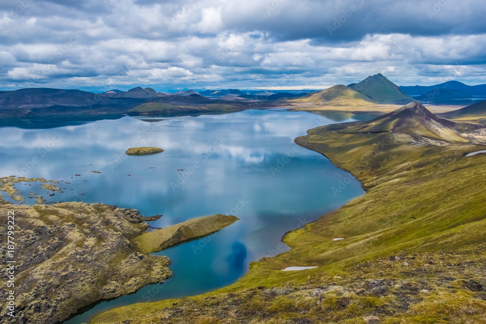 The stunning landscapes of Landmannalaugar in the Fjallabak Nature Reserve at the edge of the Laugahraun lava field in the Highlands of Iceland.