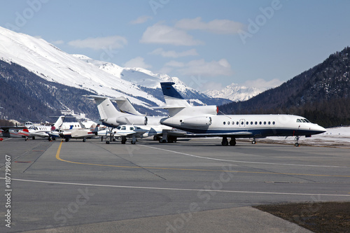 Private jets and planes in the airport of St mORITZ Switzerland