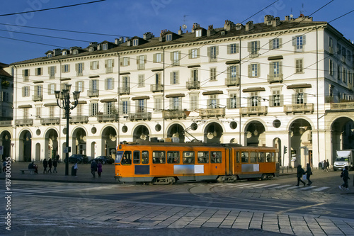 Tram Arancione a Torino in Piazza Vittorio Veneto Piemonte Italia Europa Orange Streetcar in Turin Vittorio Veneto Square Piedmont Italy Europe