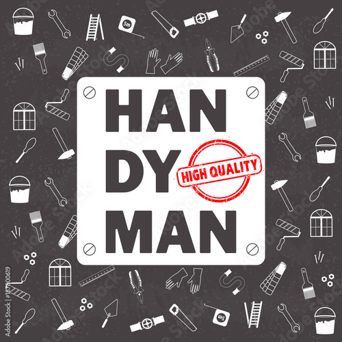 Professional handyman services . Vector pattern with tools collection on black chalkboard texture background.  Flat design. Vector illustration EPS10.