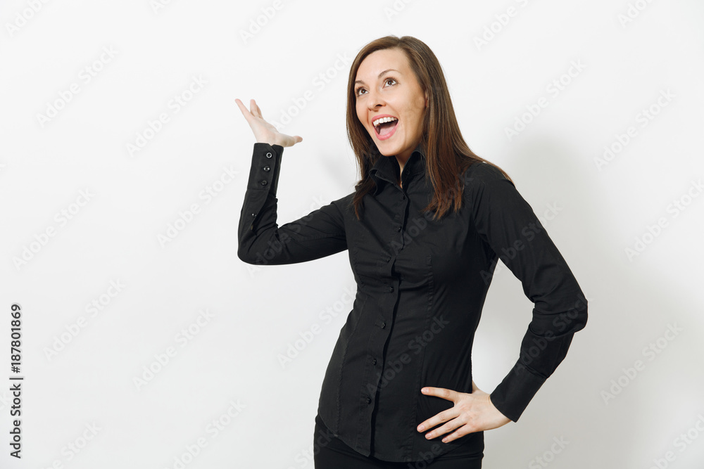 Beautiful fun happy caucasian young smiling brown-hair business woman in black classic shirt and skirt looking camera isolated on white background. Manager or worker. Copy space for advertisement. Beautiful fun happy caucasian young smiling brown-hair business woman in black classic shirt and skirt looking camera isolated on white background. Manager or worker. Copy space for advertisement.