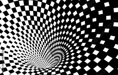 Geometric Black and White Abstract Hypnotic Worm-Hole Tunnel - Optical Illusion - Vector Illusion Checkered Op Art
