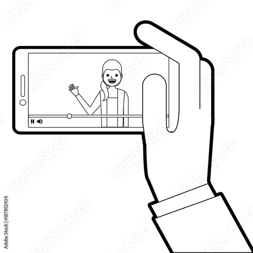 hand holding smartphone with video blogger on screen vector illustration line design