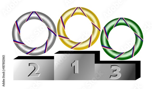Set of the gold, silver and bronze wreaths with blue, red and white ribbon on the pedestal of the winners