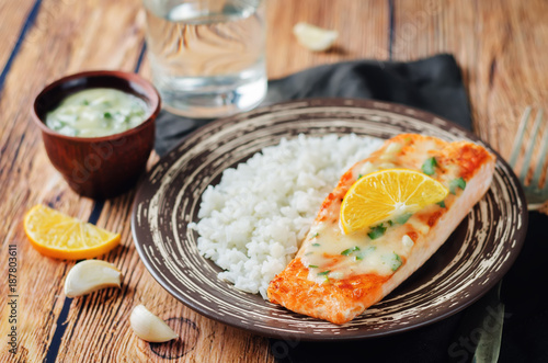Salmon with Garlic Lemon Butter Sauce and rice