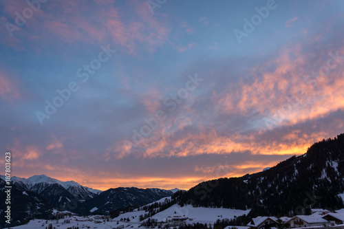Sunset in ski resort Serfaus Fiss Ladis in Austria
