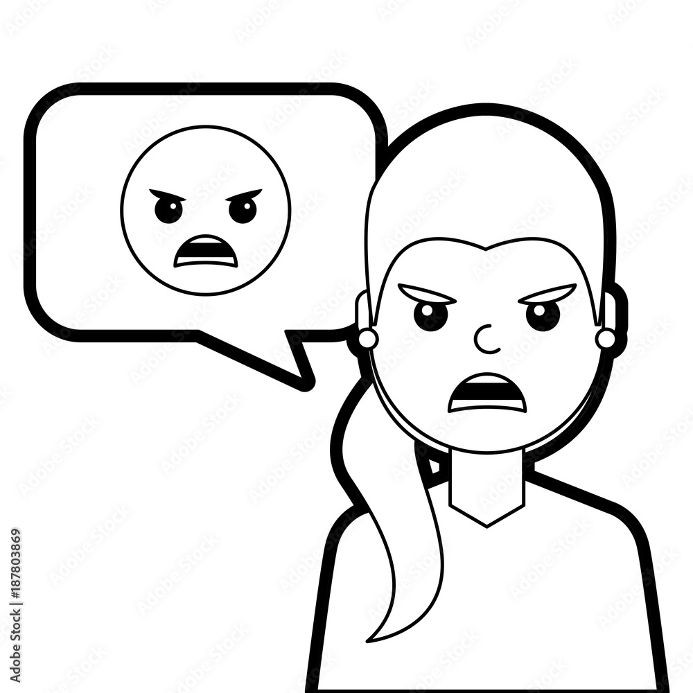 young woman with angry emoticon in speech bubble vector illustration line design young woman with angry emoticon in speech bubble vector illustration line design