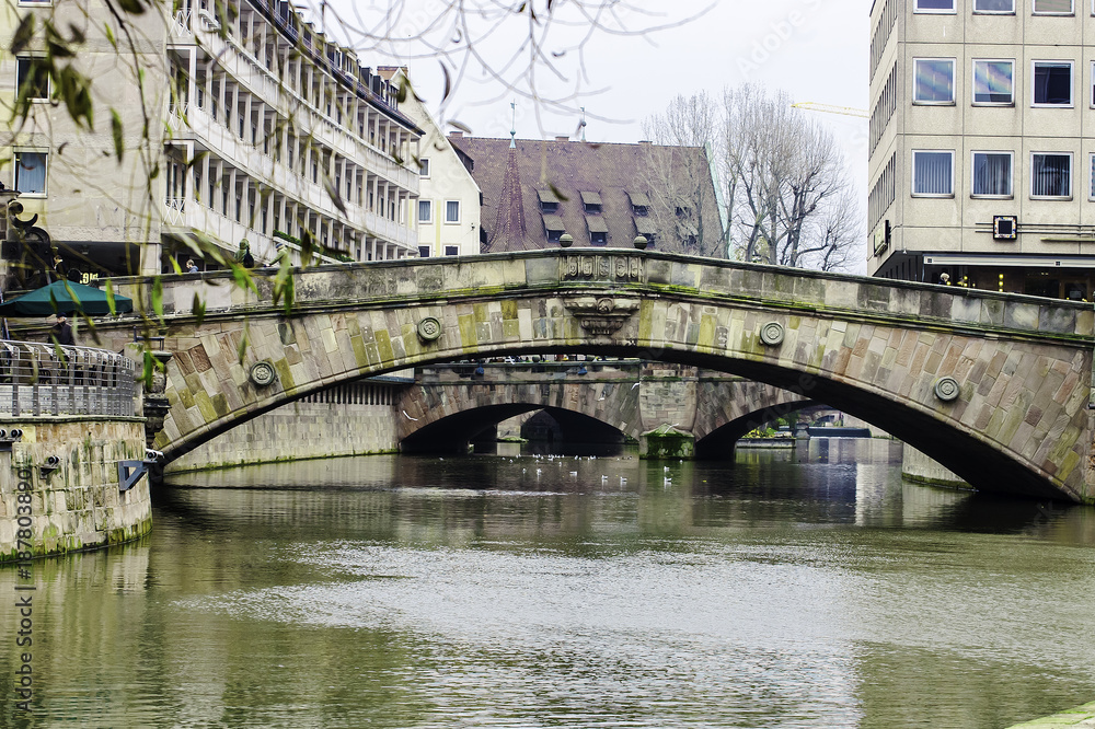 old Bavarian city Nurnberg, bridge over river Pegnitz, middle Franconia, Nuremberg, Germany