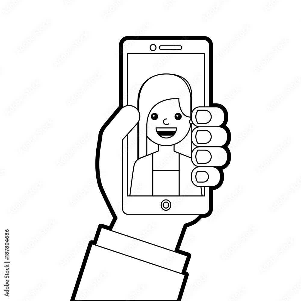 hand holding phone with man on screen talking vector illustration line design