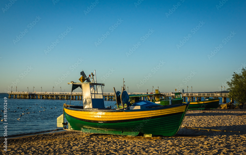 Fototapeta premium Fishing boats on the beach by the Baltic sea, Gdynia, Poland