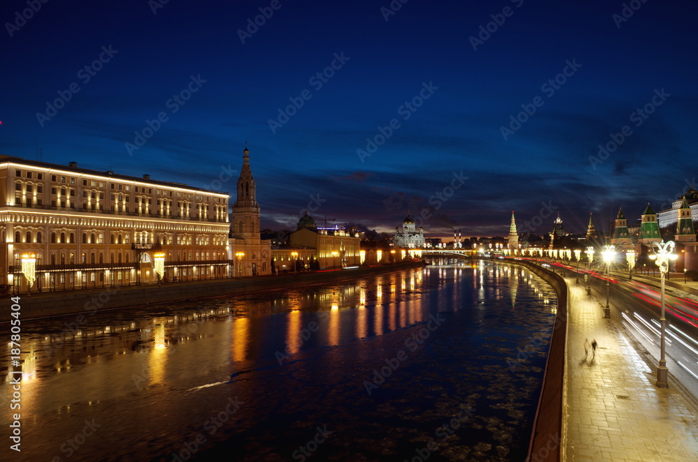 Beautiful view of the Sofiyskaya and the Kremlin embankments winter evening, Moscow, Russia