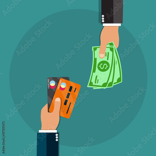 Hand giving credit card and another hand giving cash money, Paying bills, Payment background design - vector illustration