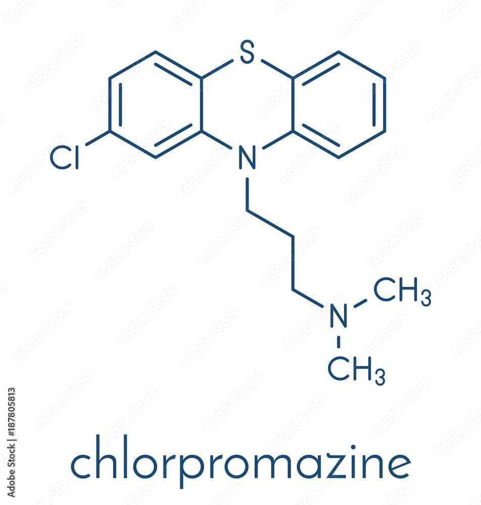 Chlorpromazine (CPZ) antipsychotic drug molecule. Used to treat schizophrenia. Skeletal formula.