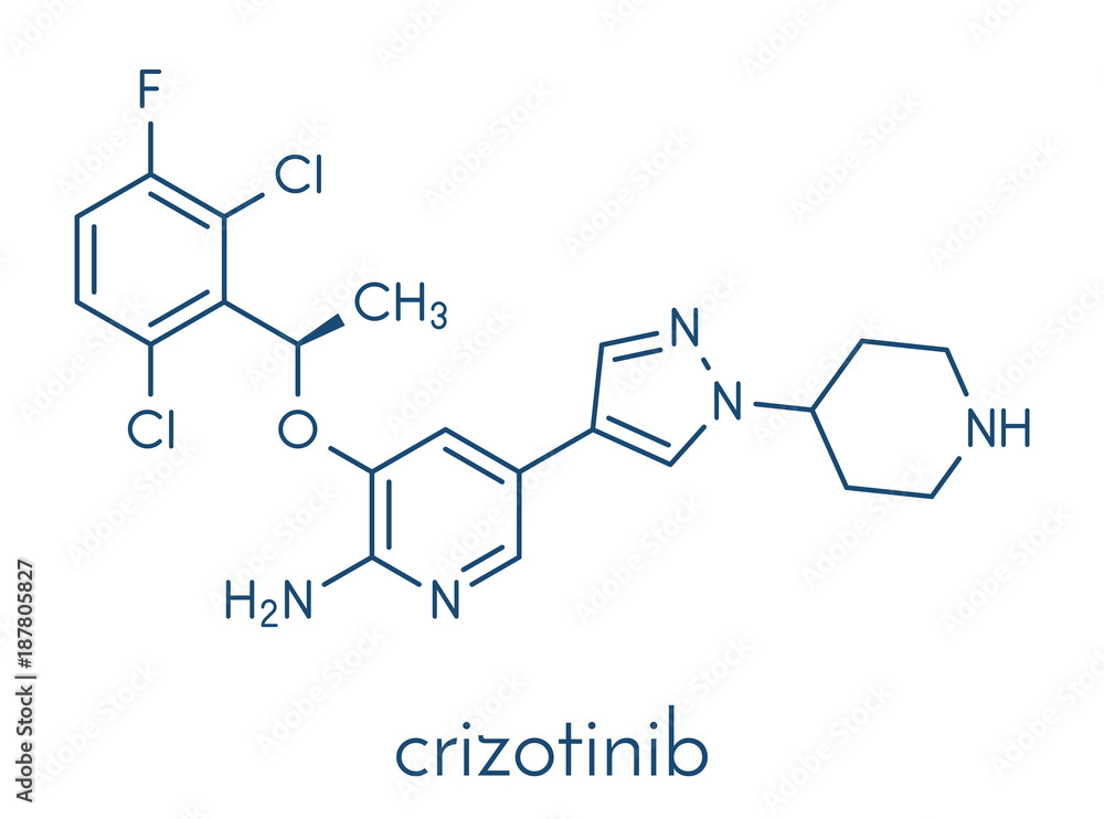 Crizotinib anti-cancer drug molecule. Inhibitor of ALK and ROS1 proteins. Skeletal formula.