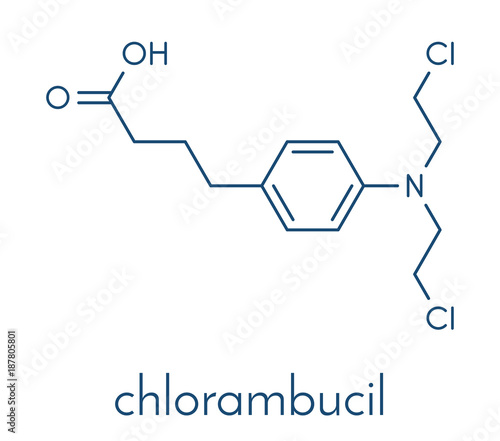 Chlorambucil leukemia drug molecule. Nitrogen mustard alkylating agent mainly used to treat chronic lymphocytic leukemia (CML). Skeletal formula.