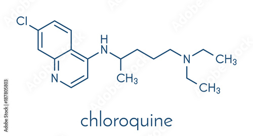 Chloroquine malaria drug molecule. Used to treat and prevent malaria. Also used for antiviral and immunosuppressant properties. Skeletal formula.