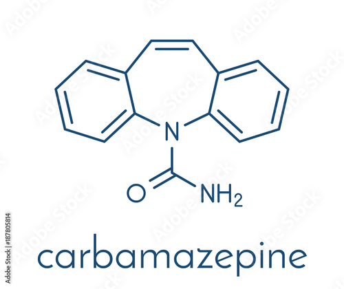 Carbamazepine anticonvulsant and mood stabilizing drug molecule. Used to treat epilepsy (convulsions), bipolar disorder and a number of other diseases. Skeletal formula.