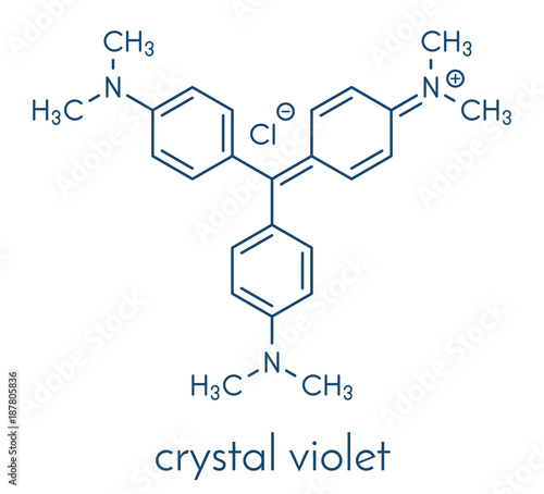 Crystal violet (gentian violet) molecule. Dye molecule used in Gram staining. Skeletal formula.