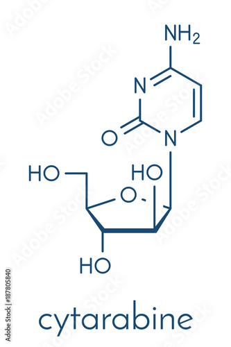 Cytarabine (cytosine arabinoside, Ara-C) chemotherapy drug molecule. Used in treatment of acute myeloid leukemia (AML), acute lymphocytic leukemia (ALL) and lymphoma. Skeletal formula.