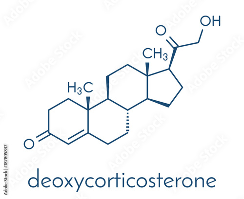 Deoxycorticosterone (DOC) mineralocorticoid hormone molecule. Precursor to aldosterone. Skeletal formula.